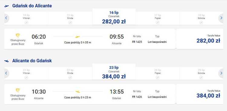 Ceny biletów lotniczych na trasie Gdańsk - Alicante