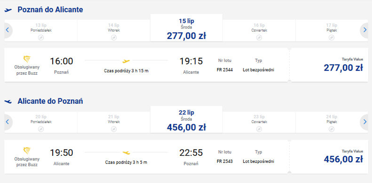 Ceny biletów lotniczych na trasie Poznań - Alicante